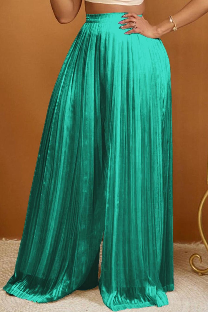 Casual slight stretch solid color pleated wide-leg pants