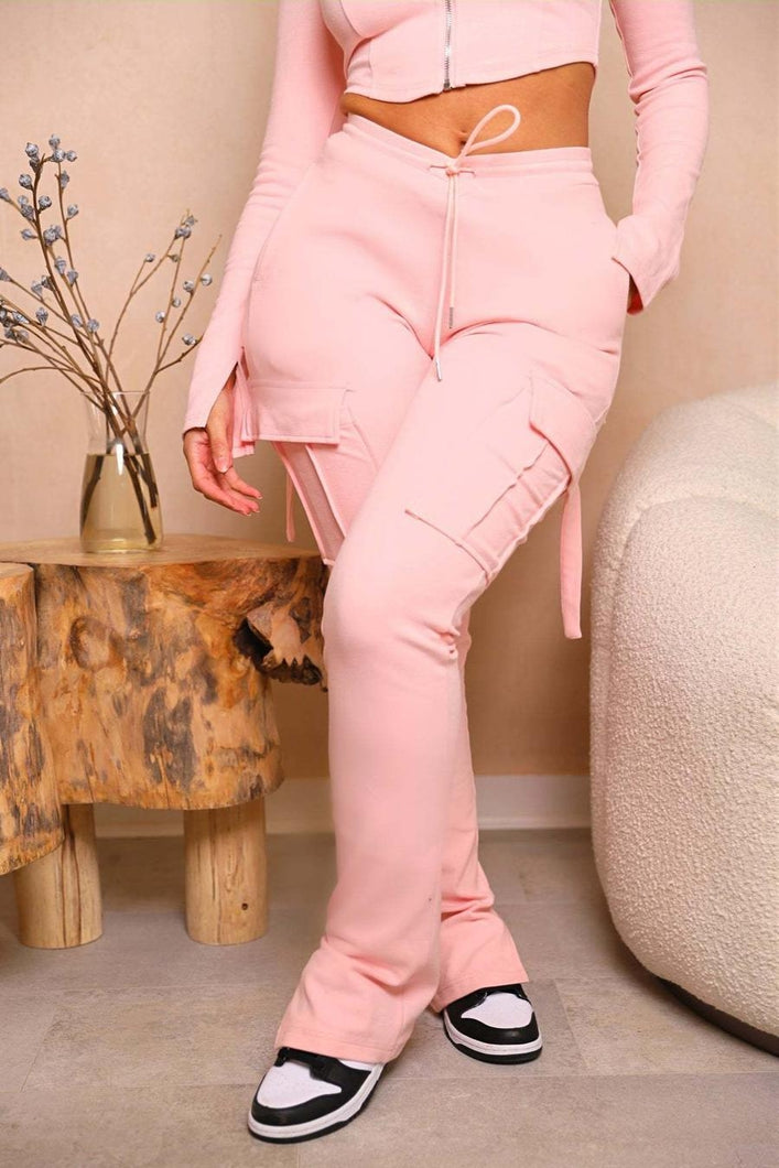 Casual slight stretch solid color pocket slit mid-waist cargo pants