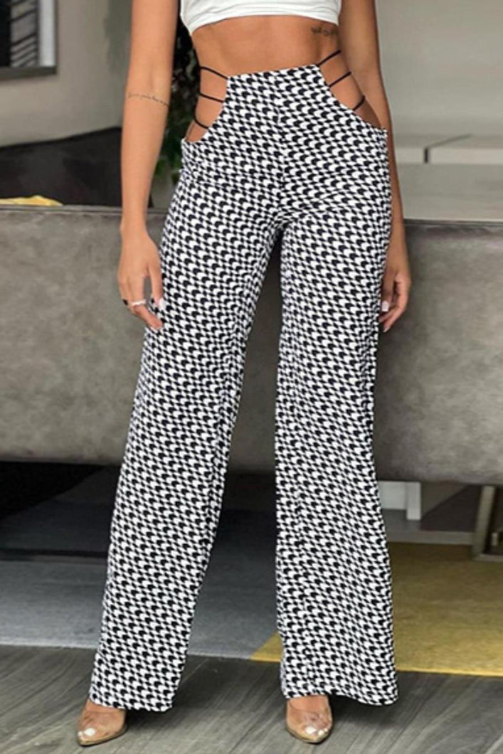 Casual slight stretch geometry batch printing hollow pants
