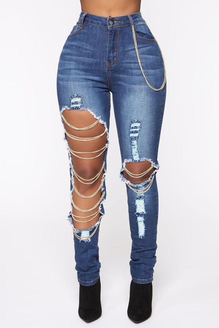 Sexy xs-3xl slight stretch chain decor ripped slim washed denim trousers