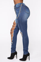 Load image into Gallery viewer, Sexy xs-3xl slight stretch chain decor ripped slim washed denim trousers