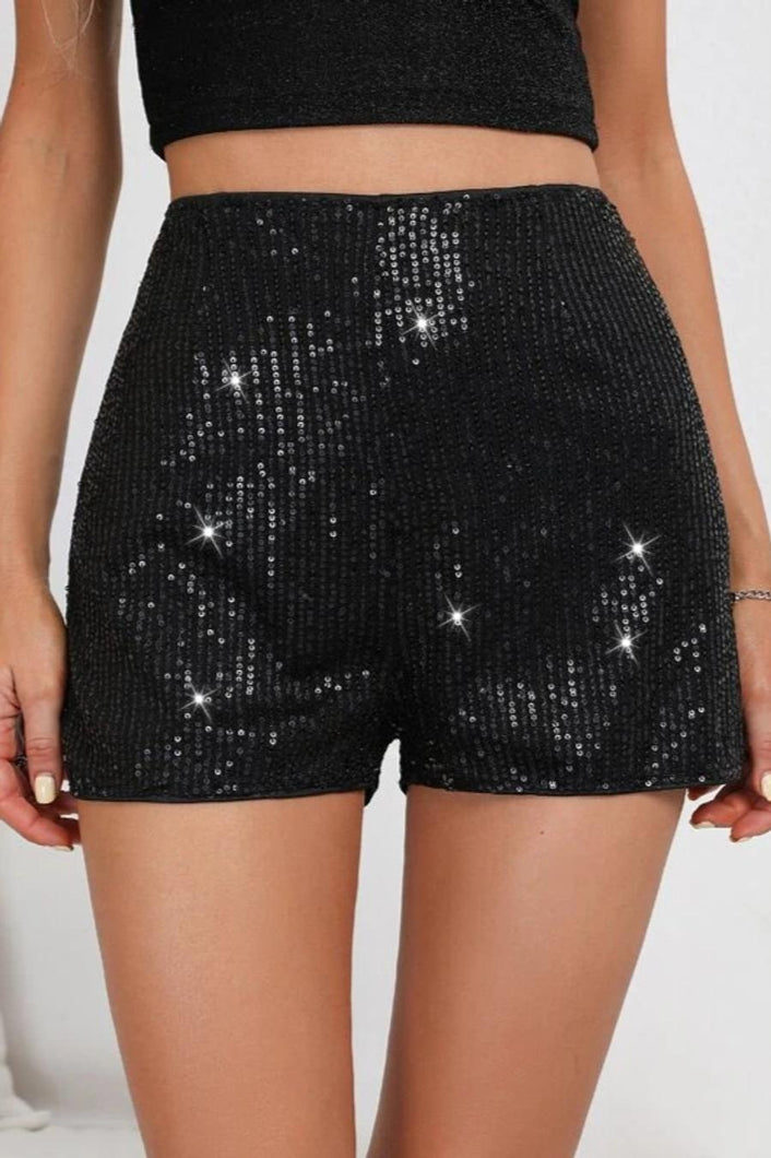 Stylish slight stretch solid color sequins mid waist hot pants slim shorts