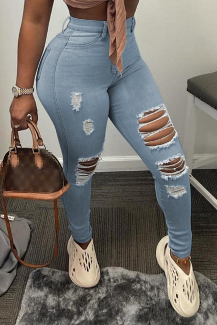 Sexy slight stretch denim hole decor high-waist jeans