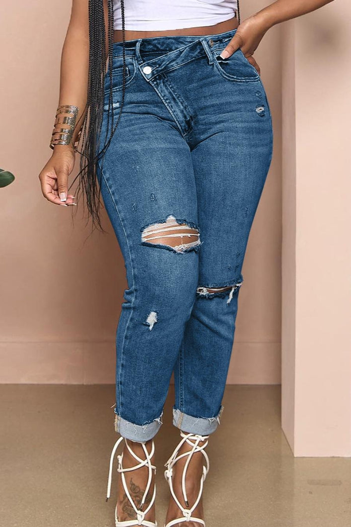 High street plus size slight stretch 3 colors high waist ripped jeans