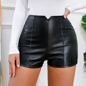 Sexy slight stretch leather v-shape high waist hot shorts