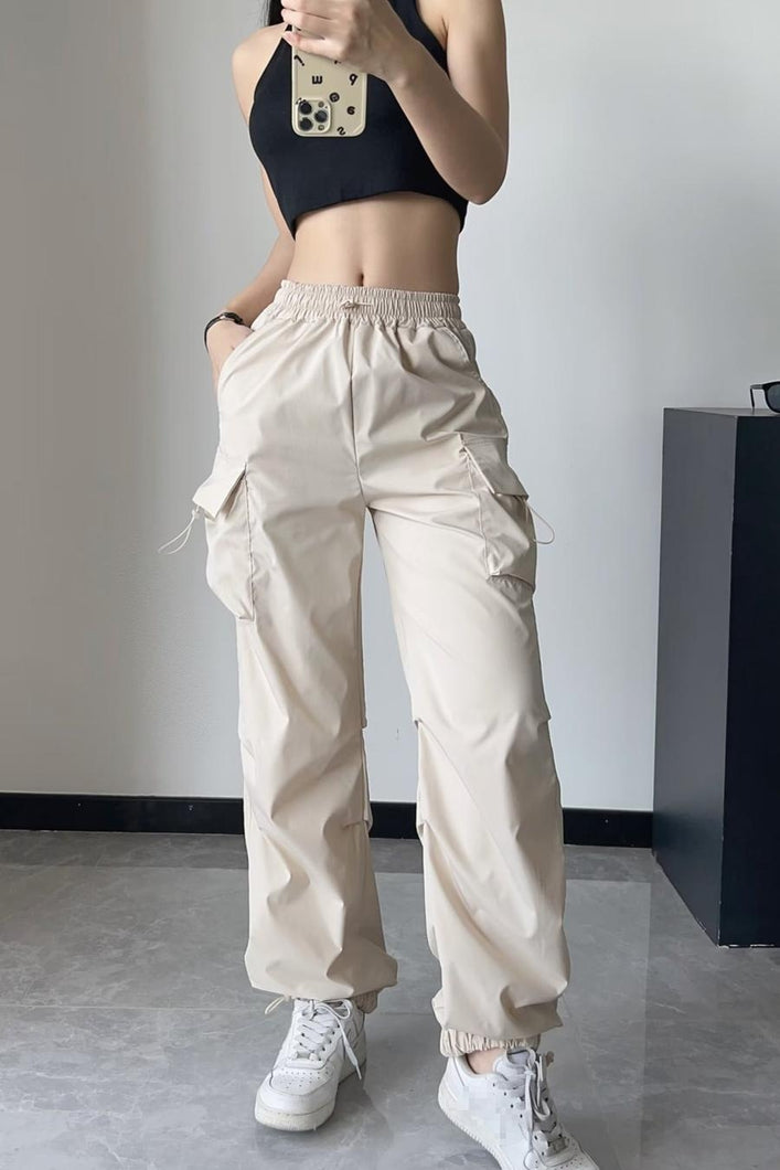 Casual non-stretch solid color drawstring pocket cargo pants size run small