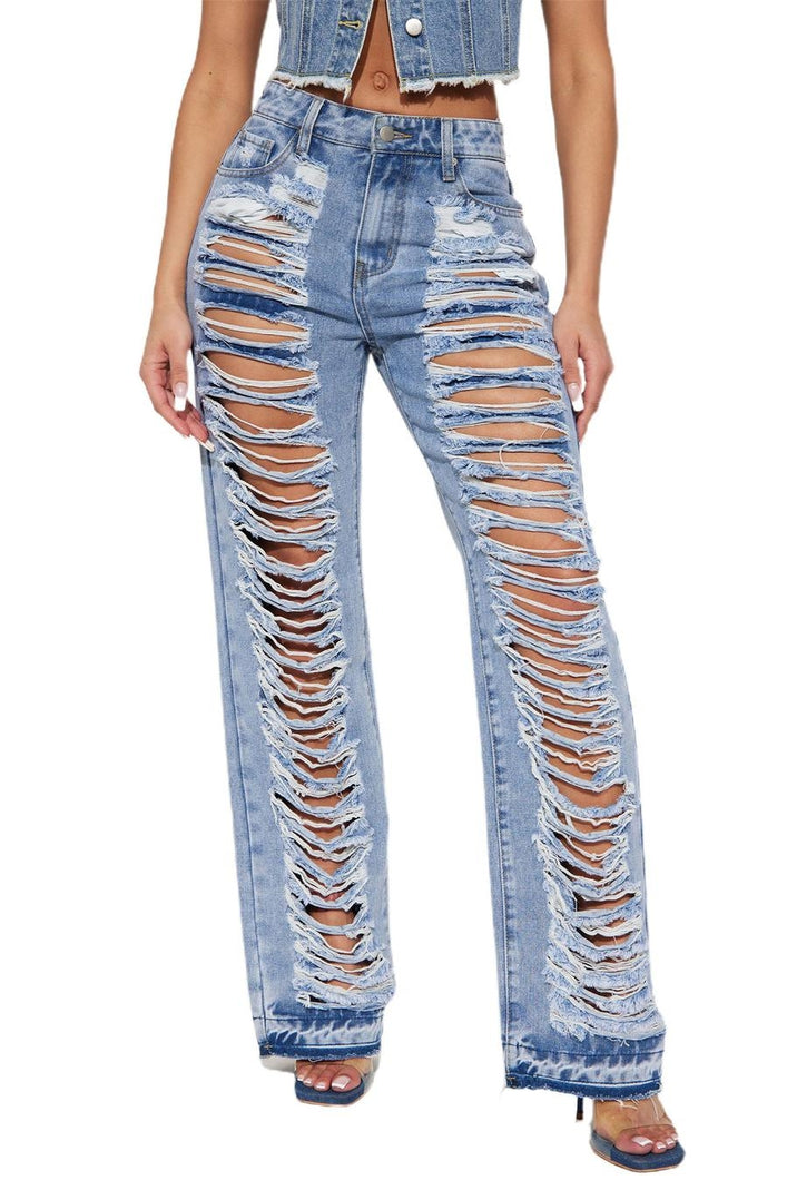 Sexy non-stretch denim high-waist hole jeans