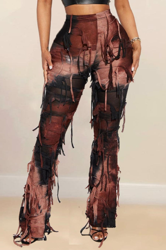 High street slight stretch tie dye high waist tassel grunge pants