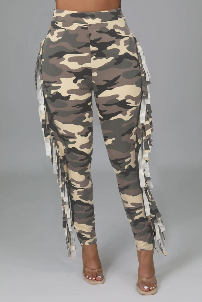 Casual high stretch camo tassel tight pants