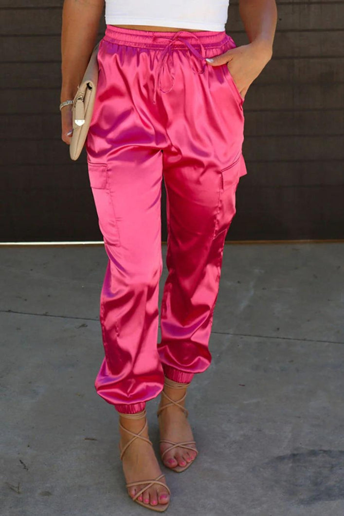 Stylish slight stretch solid color pocket high waist casual pants