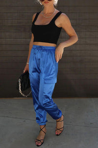 Stylish slight stretch solid color pocket high waist casual pants
