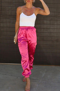 Stylish slight stretch solid color pocket high waist casual pants