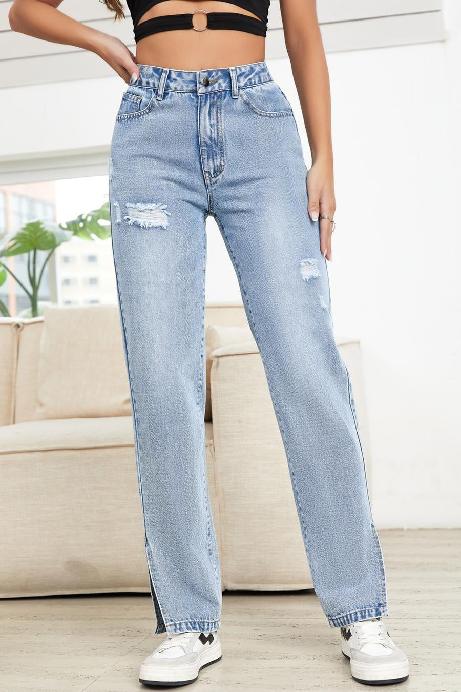 Casual non-stretch slit hole loose high-waisted straight jeans