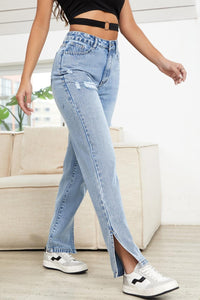 Casual non-stretch slit hole loose high-waisted straight jeans