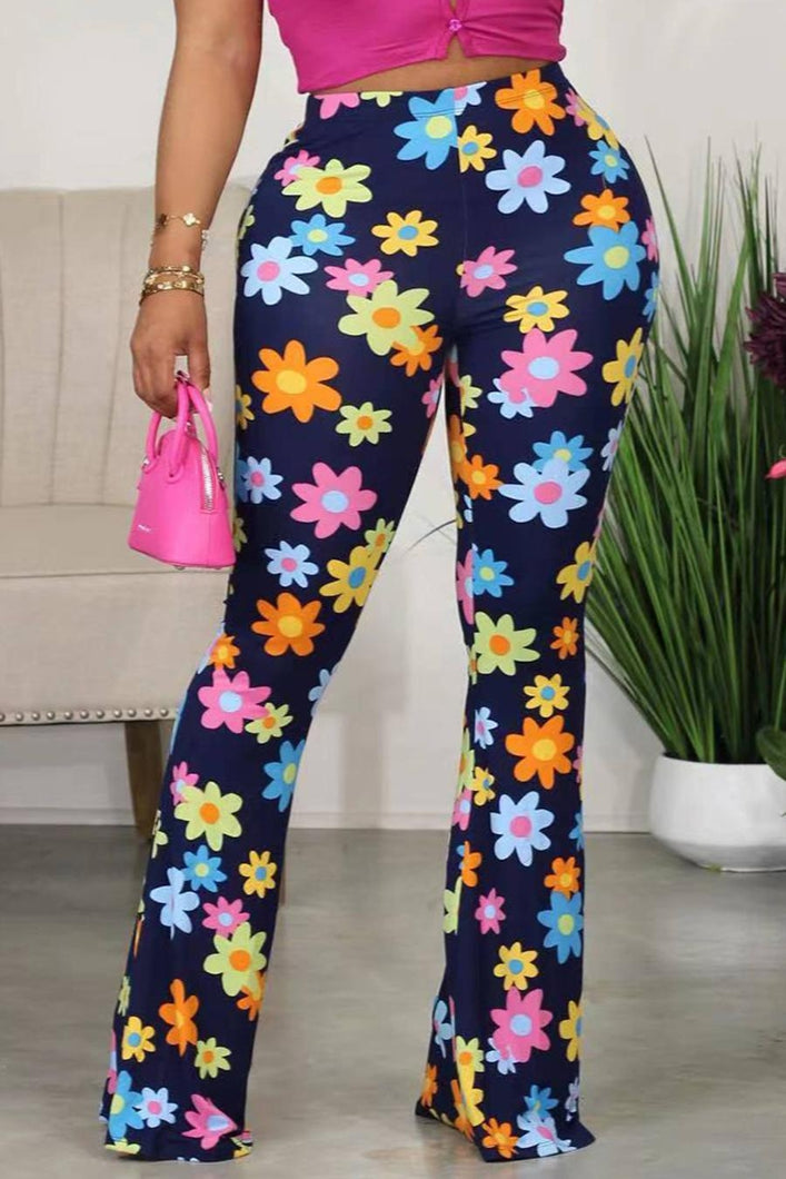 Stylish slight stretch 2 color floral batch printing bell-bottoms