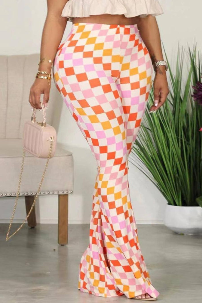 Stylish slight stretch 2 color lattice printing bell-bottoms