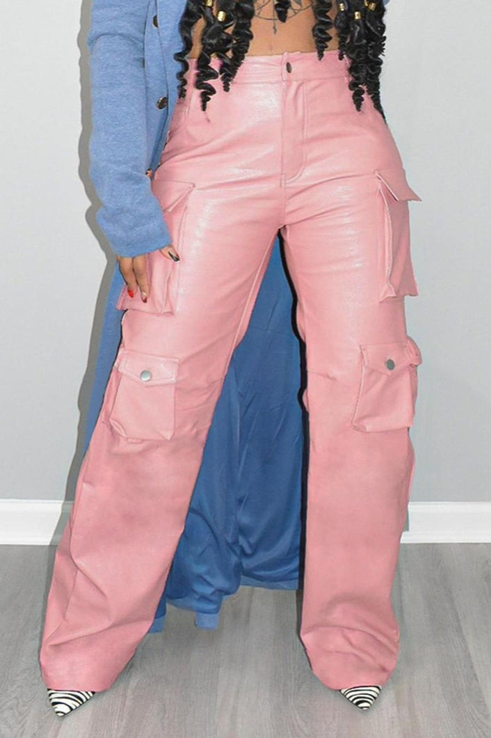 Stylish solid color non-stretch pu leather multi-pocket high waist trousers