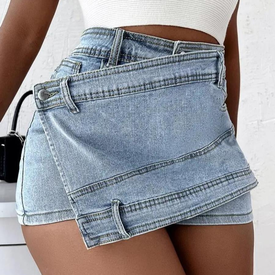 Stylish non-stretch irregular high waist denim skort