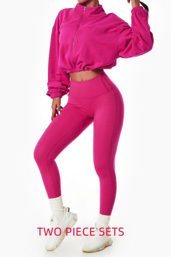 Slight stretch 4 colors long sleeve drawstring high waist fitness pants sets