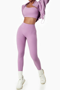 Slight stretch 4 colors long sleeve drawstring high waist fitness pants sets