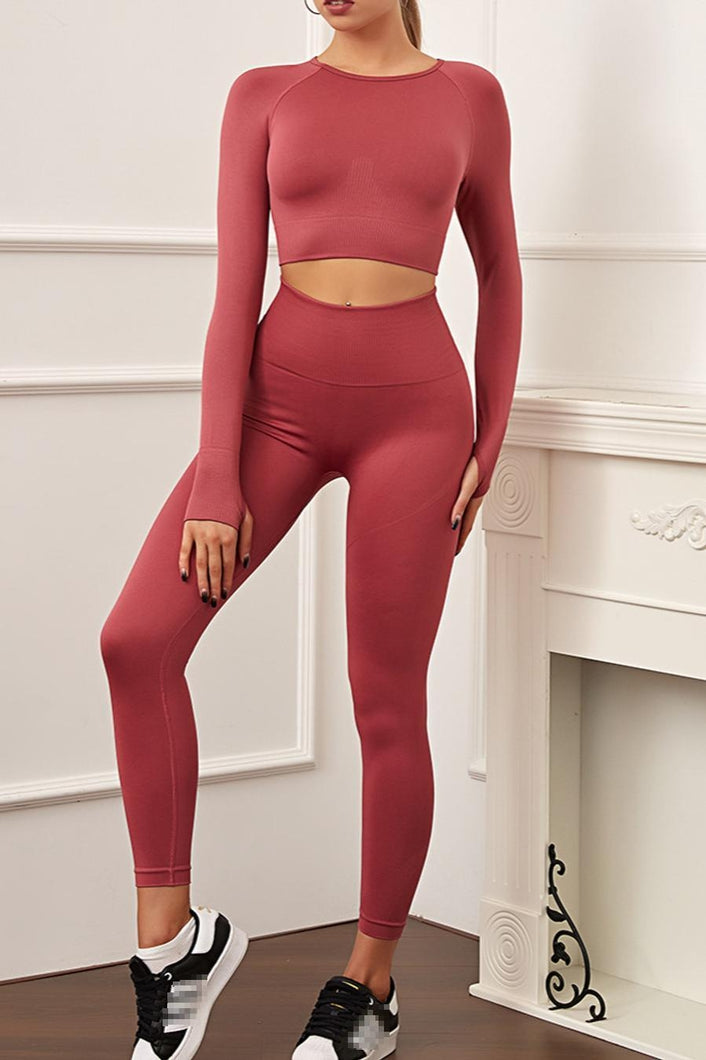 Sports high stretch 6 colors long sleeve thumb holes high waist pants set