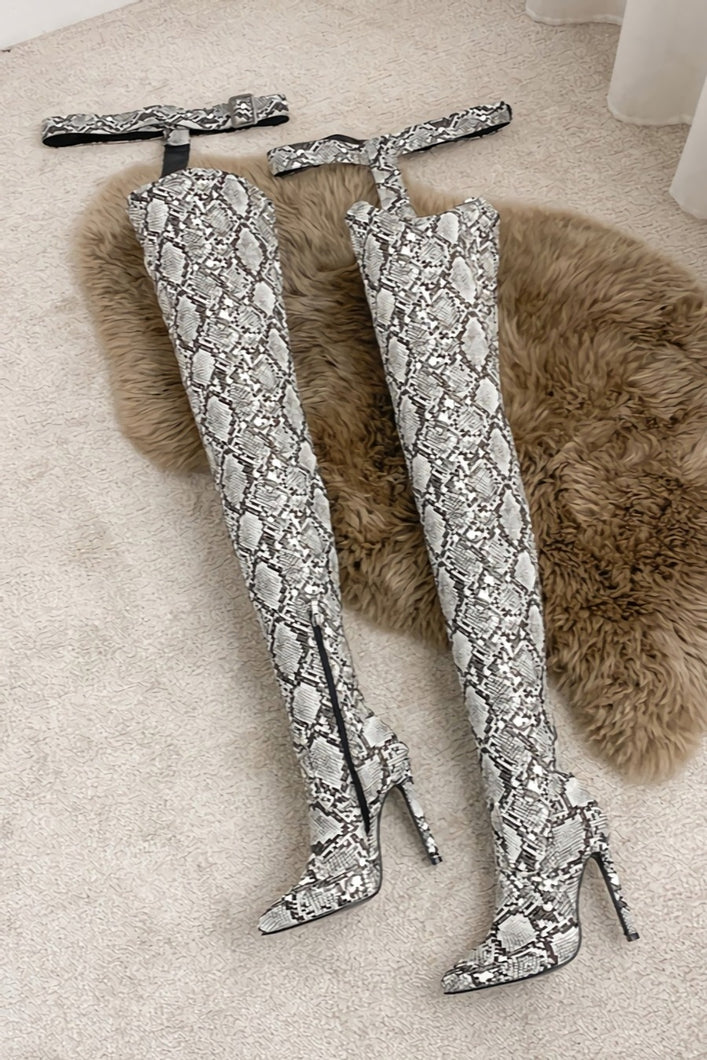 Winter new pointed snake pattern side zip-up leg ring design over knee sexy high-upper high-heel boots(heel height:8cm, shaft height:78cm)