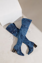 Load image into Gallery viewer, EUR44-EUR48 winter new pointed washed denim lace-up stylish over knee high-heel boots(heel height:7.5cm, shaft height:56cm)