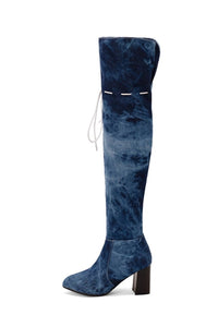 EUR44-EUR48 winter new pointed washed denim lace-up stylish over knee high-heel boots(heel height:7.5cm, shaft height:56cm)