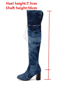 EUR44-EUR48 winter new pointed washed denim lace-up stylish over knee high-heel boots(heel height:7.5cm, shaft height:56cm)