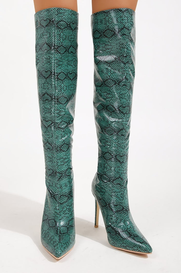 New pointed snake pattern over knee high-heel back zip-up stylish boots