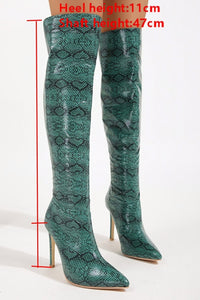New pointed snake pattern over knee high-heel back zip-up stylish boots