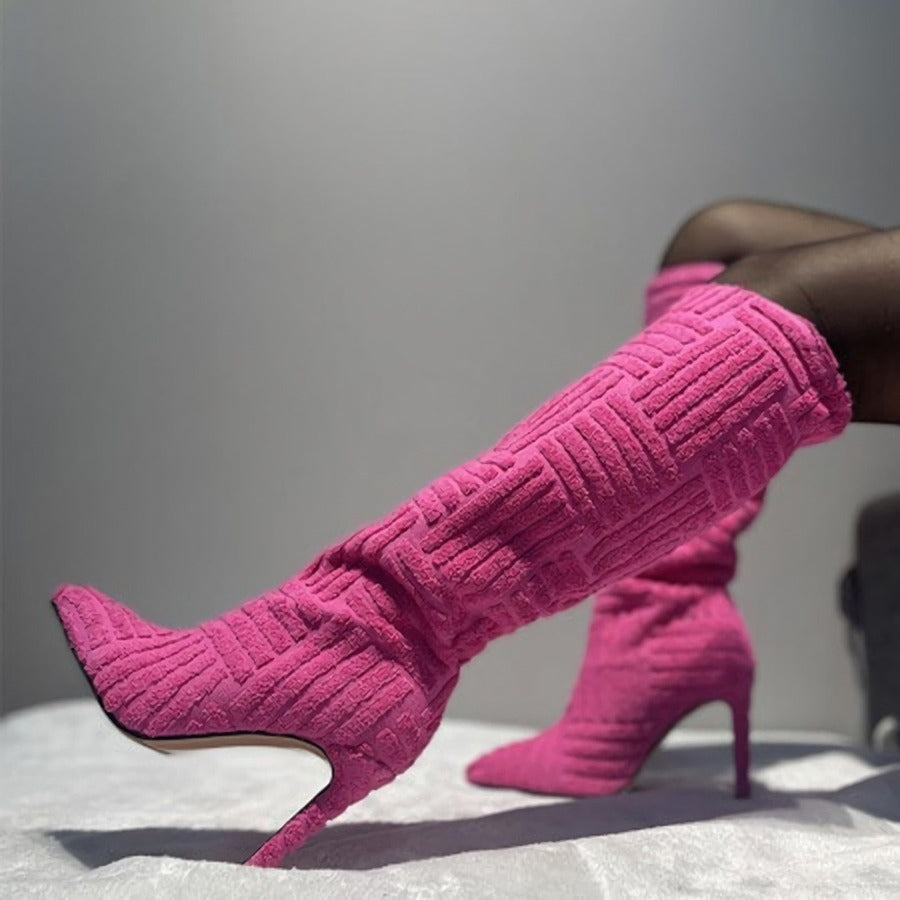 New 4 colors sherpa pointed high-upper stylish warm high-heel boots