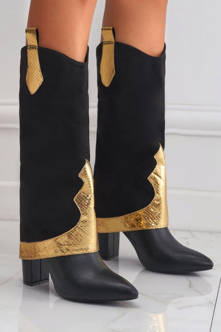 Two colors pointed high-upper stylish trend high-heel boots