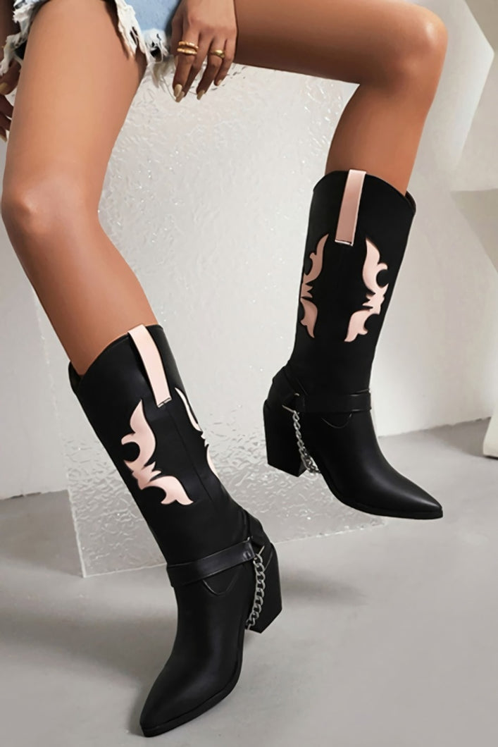 EUR34-EUR39 new pointed metal chain high upper stylish high-heel boots