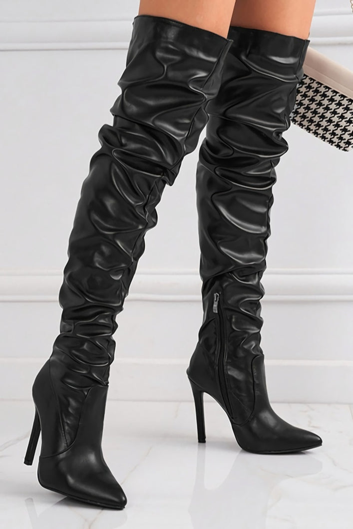 New 2 colors pointed side zip-up over knee shirring stylish high-heel boots