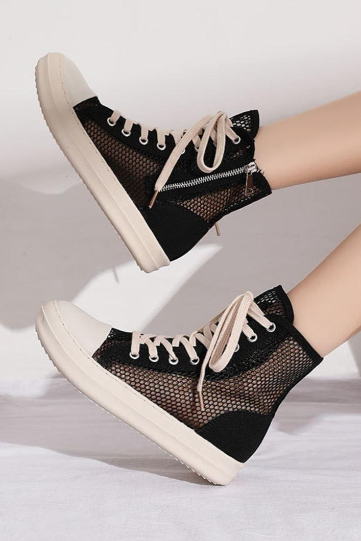 New thick bottom breathable fishnet side zip-up stylish high-top sneakers