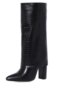 Stylish 2 colors stone pattern pointed high-upper high-heel boots