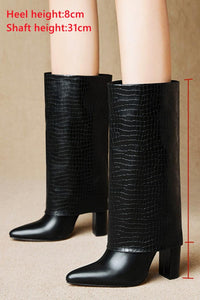 Stylish 2 colors stone pattern pointed high-upper high-heel boots