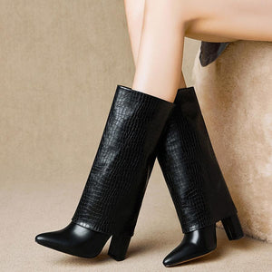 Stylish 2 colors stone pattern pointed high-upper high-heel boots