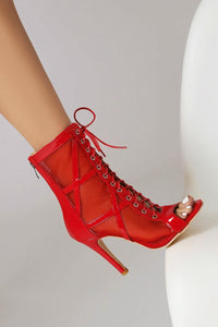 Sexy 3 colors mesh hollow lace-up back zip-up high-heel sandals boots