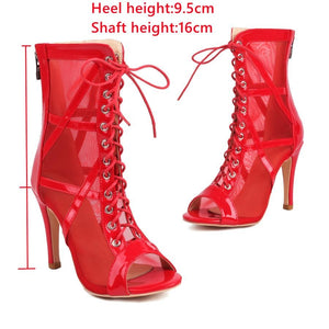 Sexy 3 colors mesh hollow lace-up back zip-up high-heel sandals boots