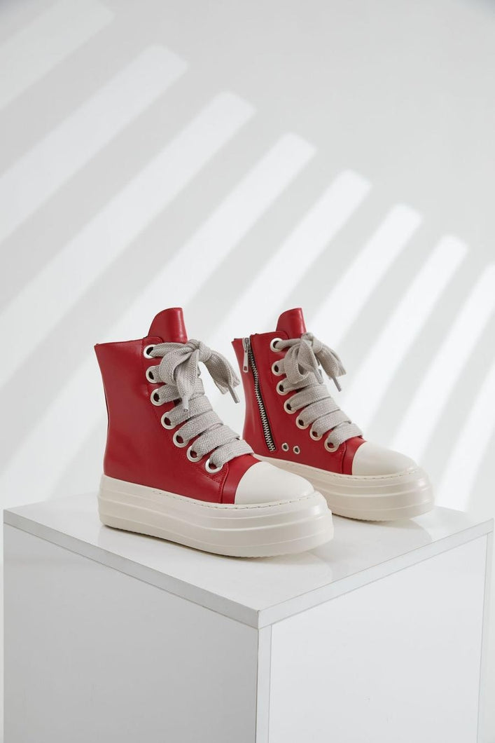 Stylish thick bottom lace-up side zip-up high-top all-match sneakers