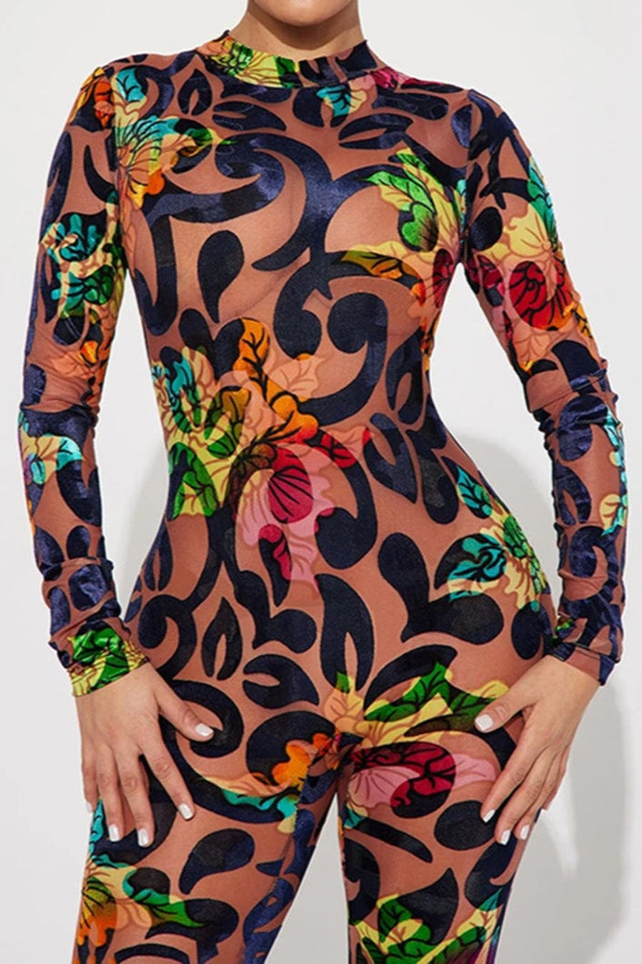 Glamybabes sexy stretch batch printing mesh jumpsuit