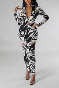 Glamybabes Sexy batch printing slim zip-up reversible midi dress AA017894 - Girlmerry.com