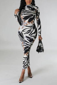 Glamybabes Sexy batch printing slim zip-up reversible midi dress AA017894 - Girlmerry.com