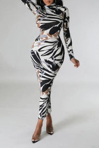 Glamybabes Sexy batch printing slim zip-up reversible midi dress AA017894 - Girlmerry.com