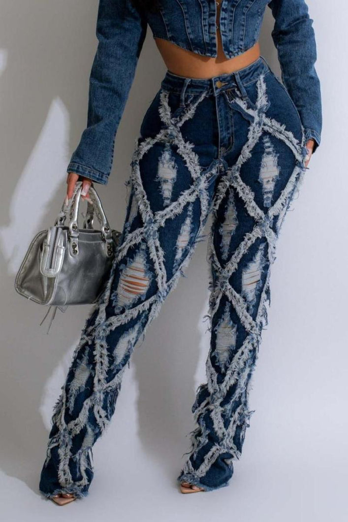 Glamybabes Stylish slight stretch diamond hole high waist jeans