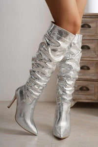 Glamybabes Stylish silver snakeskin pu leather pointed toe zip-up high-heel boots JA001997 - Girlmerry.com