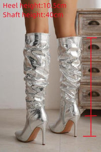 Glamybabes Stylish silver snakeskin pu leather pointed toe zip-up high-heel boots JA001997 - Girlmerry.com