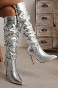 Glamybabes Stylish silver snakeskin pu leather pointed toe zip-up high-heel boots JA001997 - Girlmerry.com